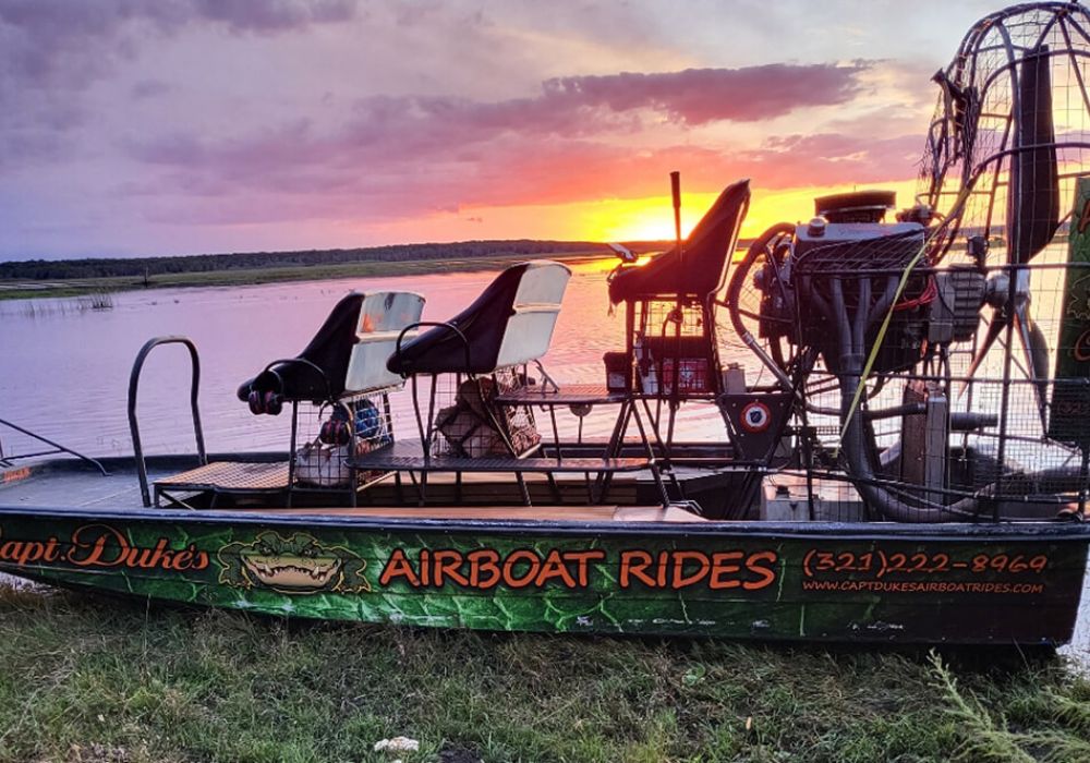 capt duke's airboat at sunset